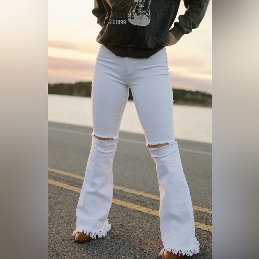 YMI White High Rise Distressed Flare Jeans